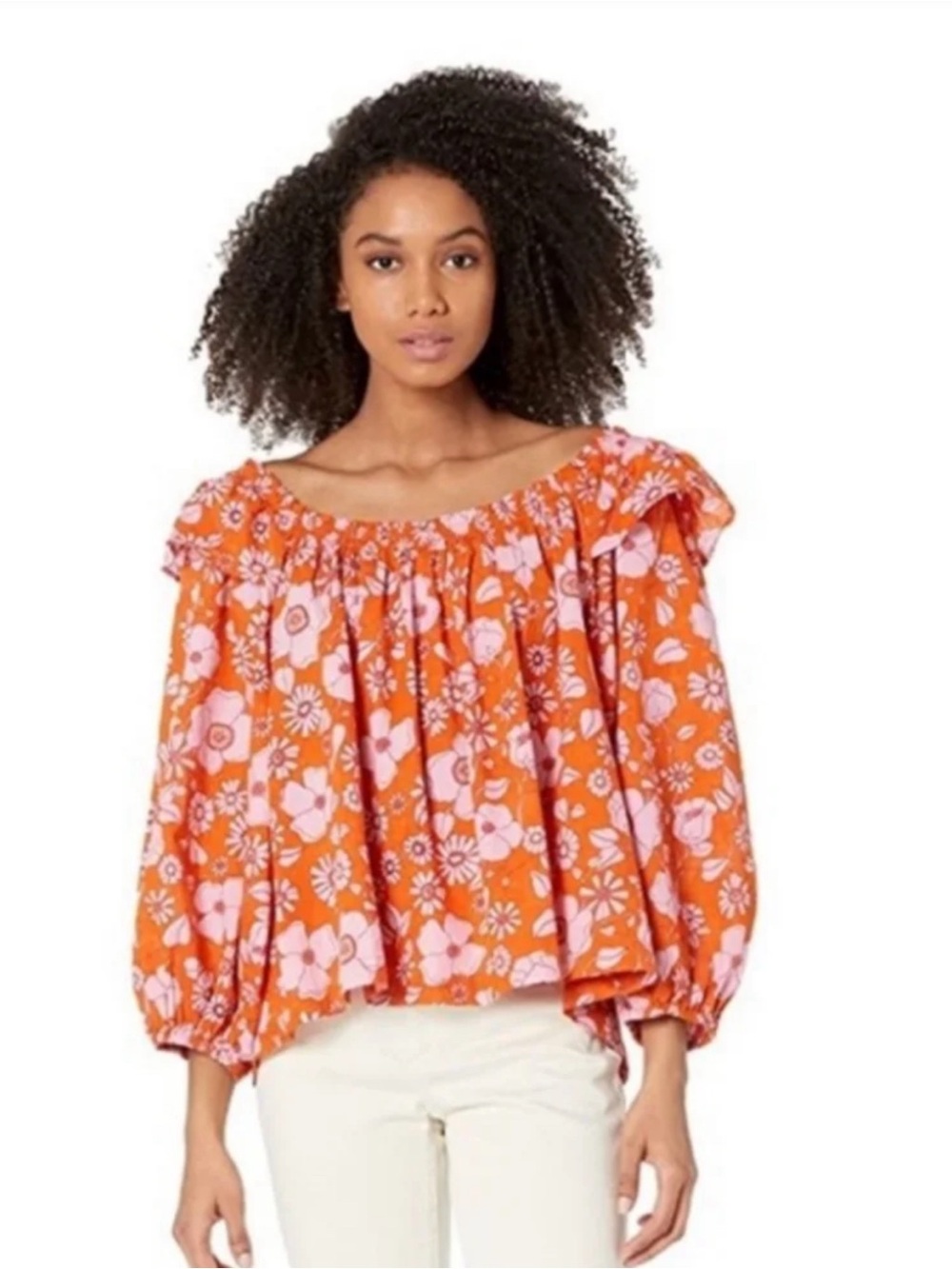 Free People Miss Daisy Orange Pink Floral Ballon Sleeve Peasant Blouse size XS